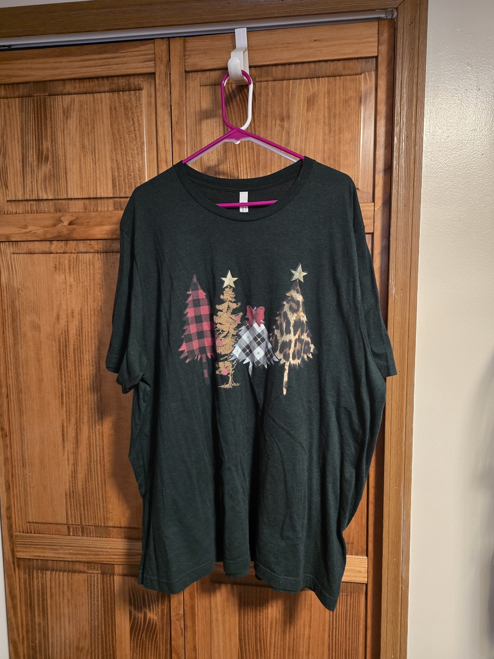 Bella Canvas Dark Green Short Sleeve Graphic Tee with Patterned Trees Christmas